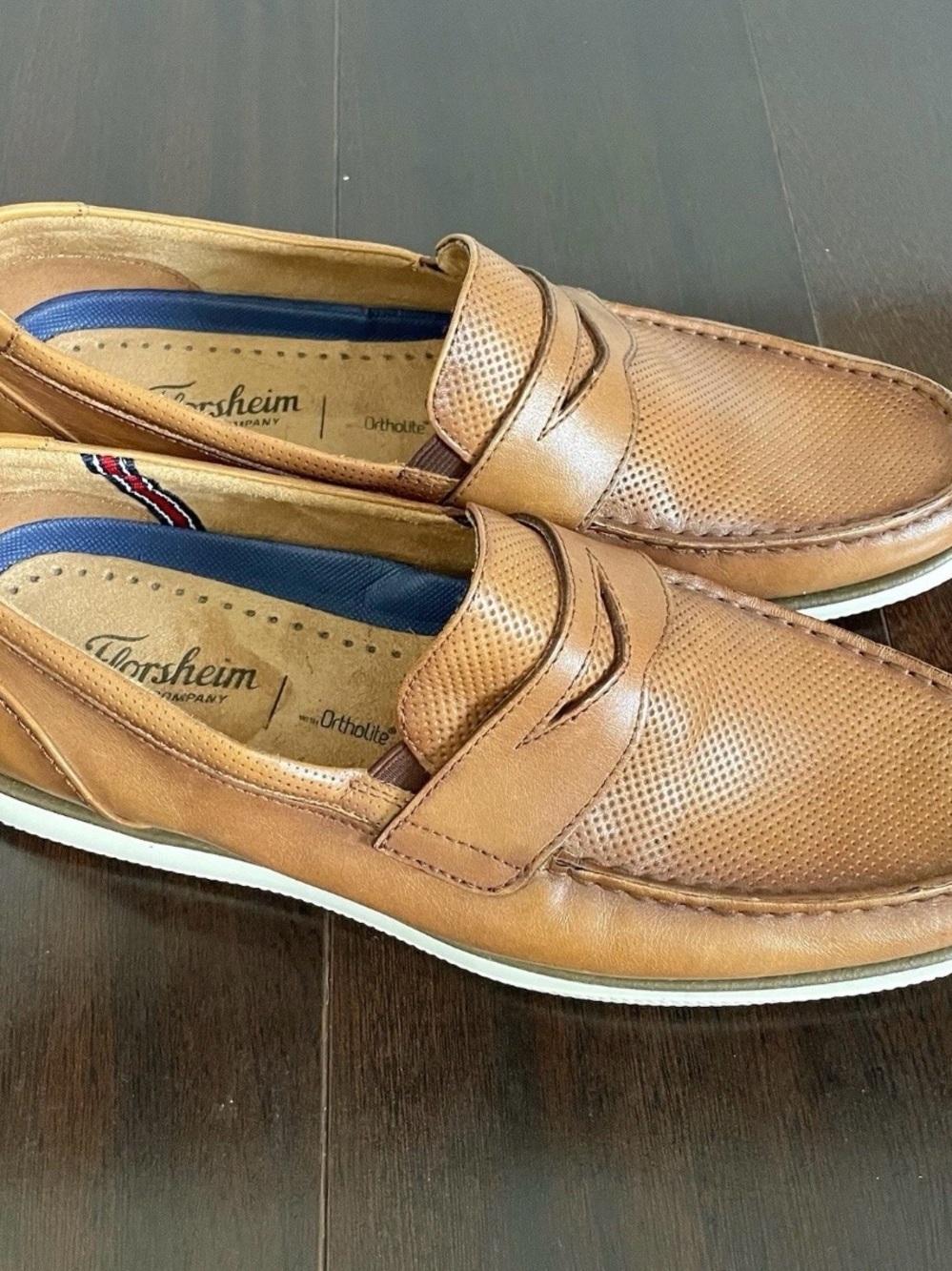 Florsheim Cognac Brown Perforated Leather Penny Loafers